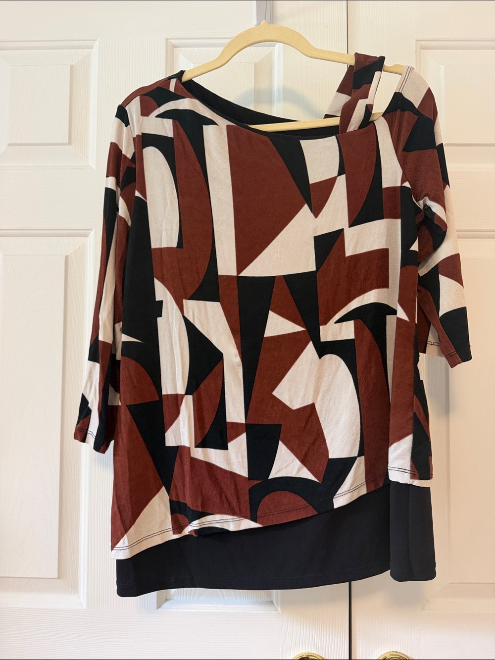 Abstract Geometric Layered Long Sleeve Top - Rust/Black/Cream